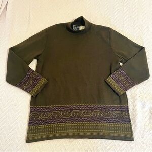 Lennie brand green mock neck sweater with purple and green patterns Large Women